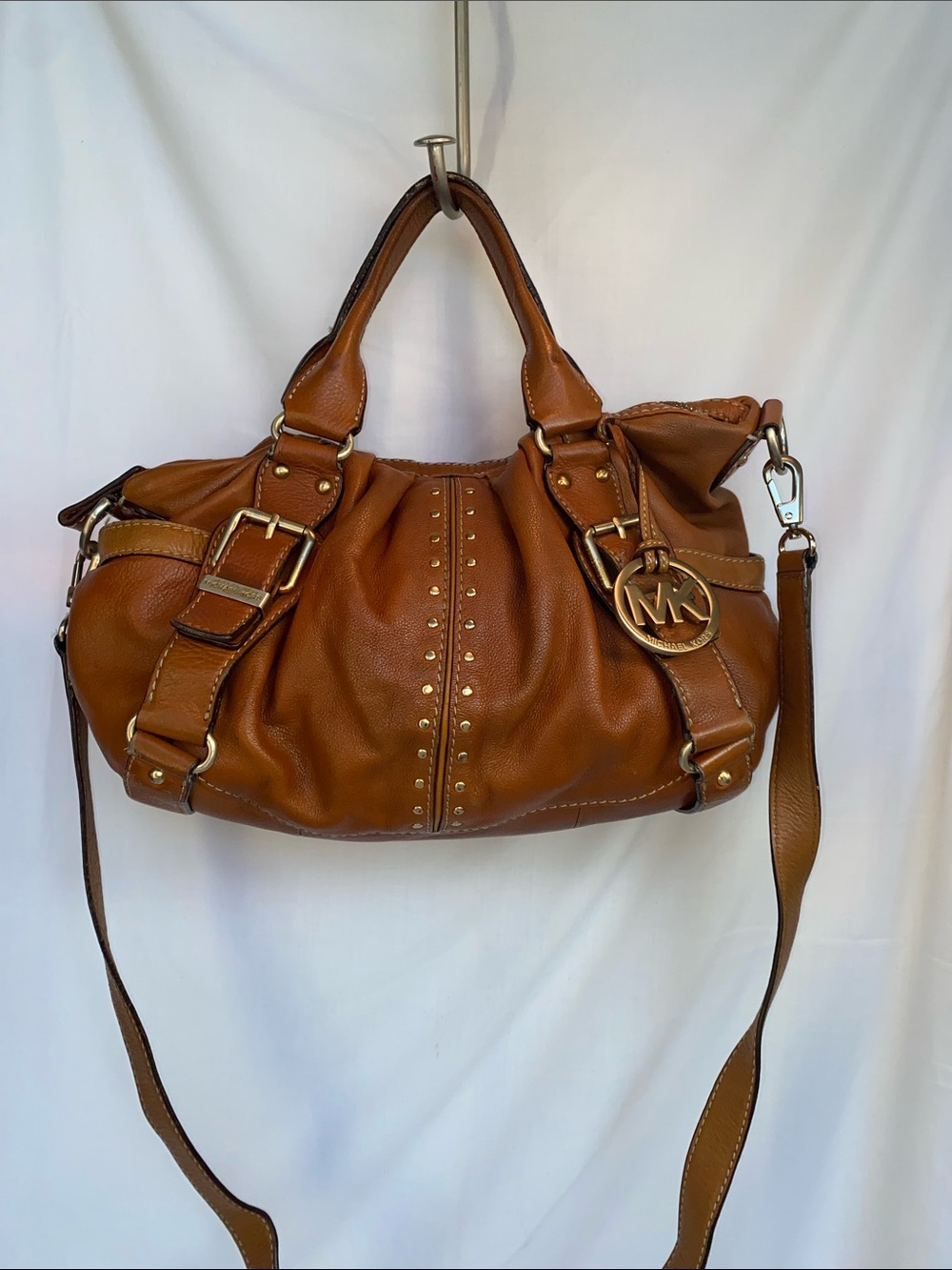 Michael Kors Caramel Brown Leather Shoulder Satchel with Gold Accents